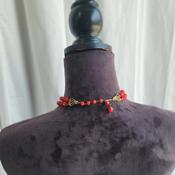 Vintage Women's Gorgeous Red Granule Double Layered Bead Necklace 13" +3" - Picture 5 of 8